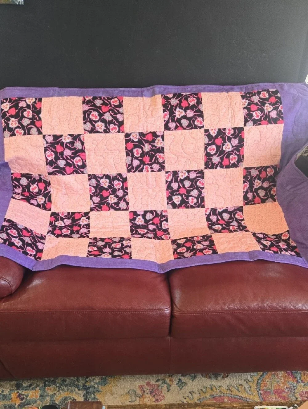 Handmade Patchwork Quilt in Pink and Purple With Butterflies On Reverse Side